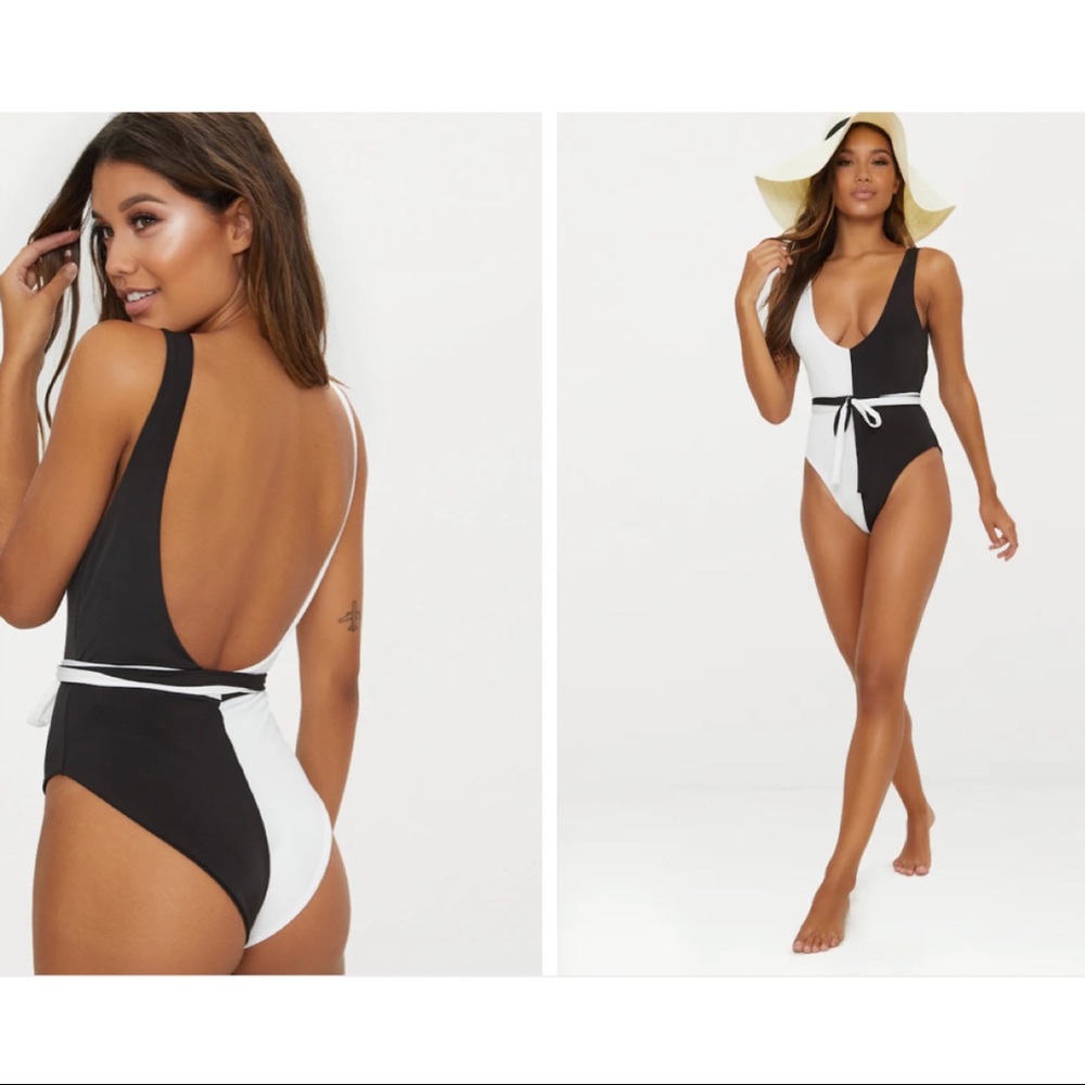 PRETTYLITTLETHING Black and White Two Tone Extreme Plunge Strappy Waist Swimsuit